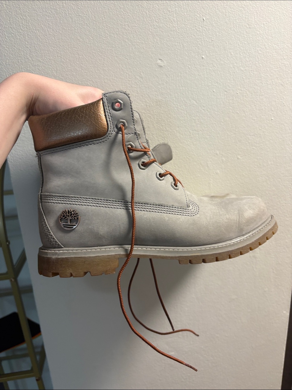 Timberland Light Gray Nubuck Boot with Brown/Copper Collar and Laces